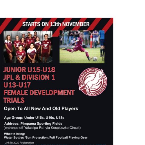 U15's, U16's & U18's - JPL & Division 1, U13 - U17 Female Development Trials